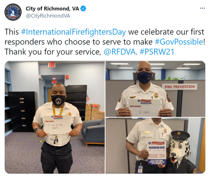 Image with text - tweet embed, This #InternationalFirefightersDay we celebrate our first responders who choose to serve to make #GovPossible! Thank you for your service, @RFDVA